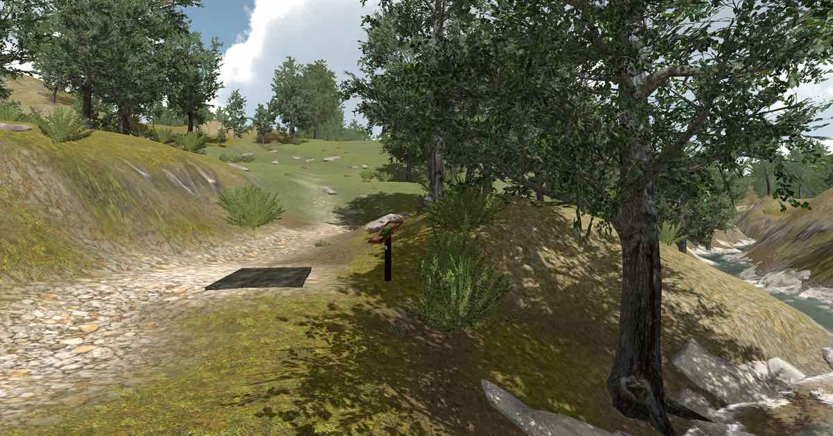 In-game image of a tee pad next to a stream