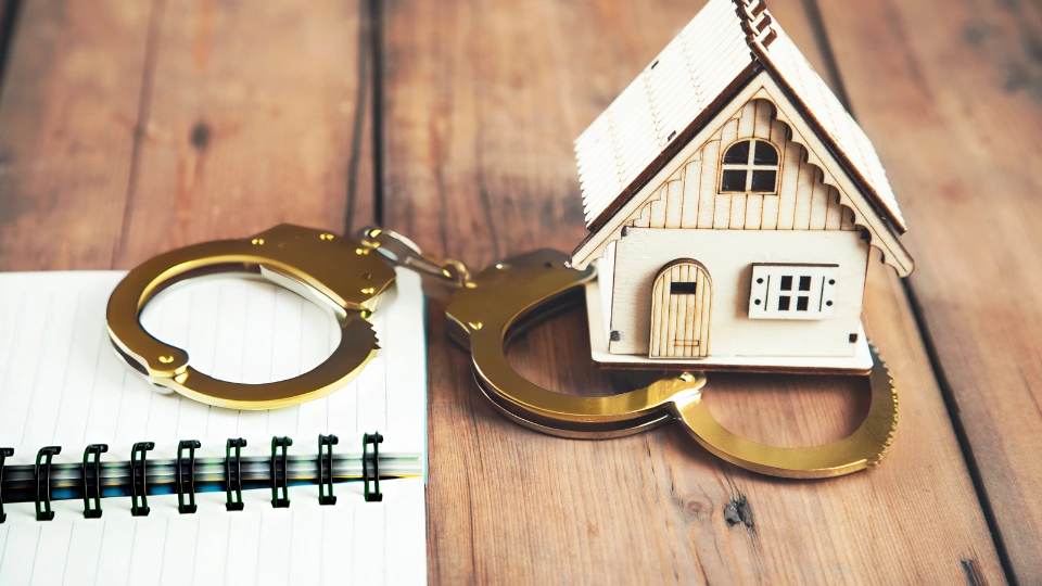 House model and handcuffs on notepad