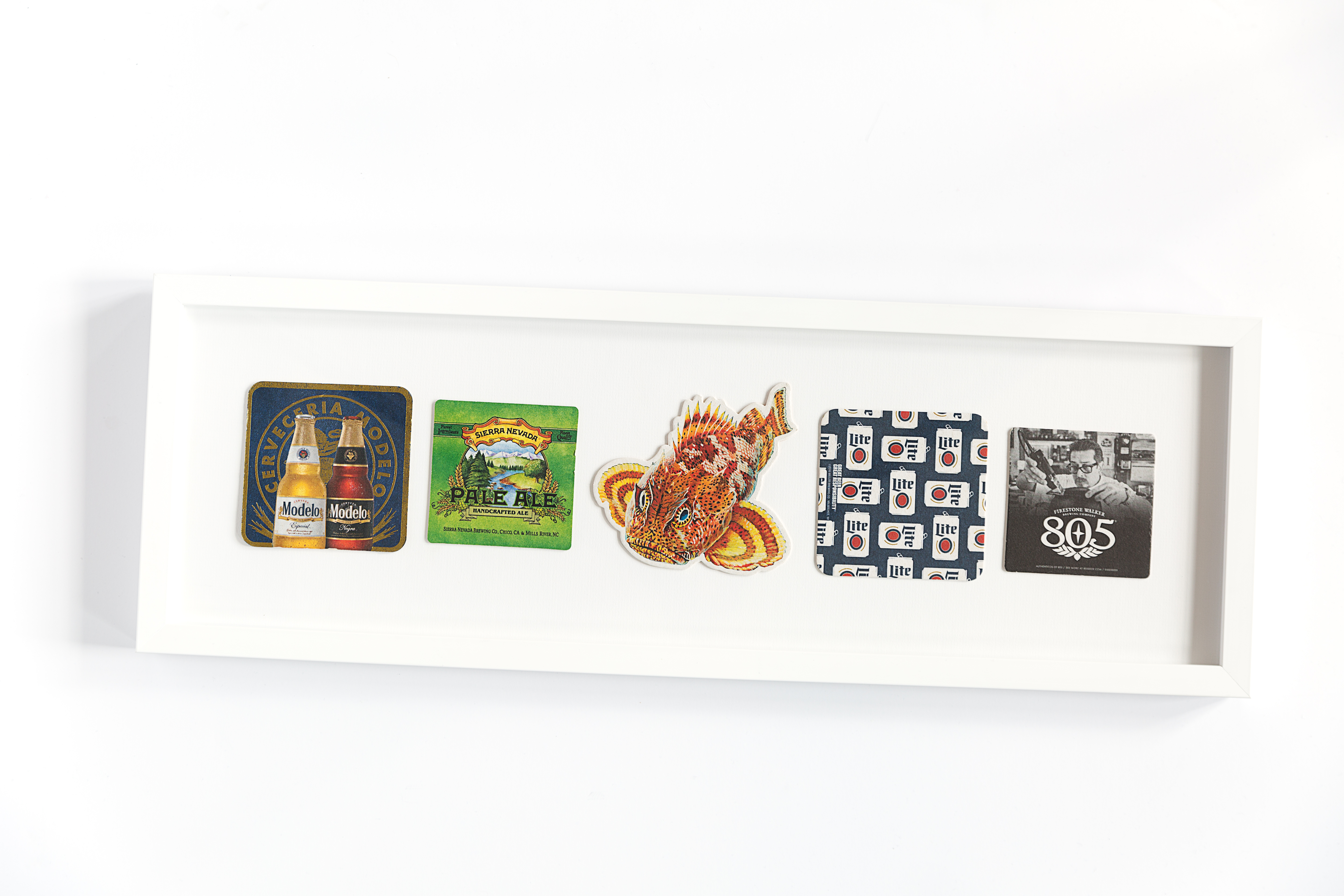 five coasters float mounted in a white frame on a white background