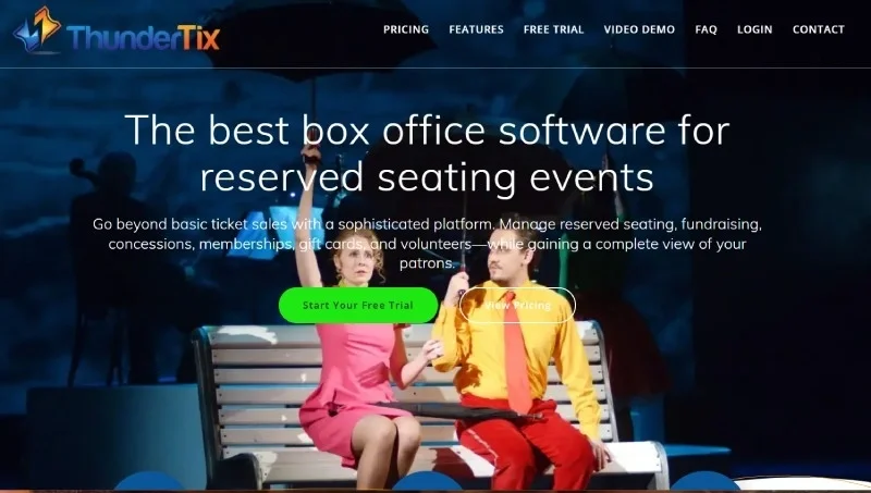ThunderTix box office software homepage for reserved seating theater events