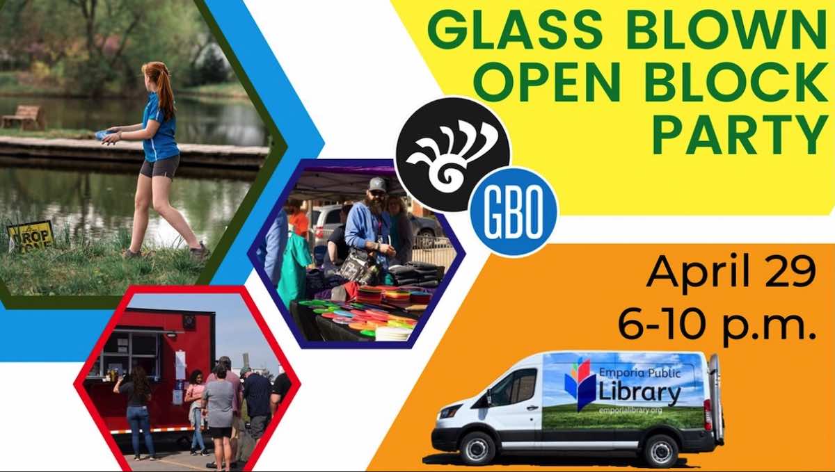 Collage of images advertising Emporia County Library's presence at a party connected to the disc golf event the Glass Blown Open