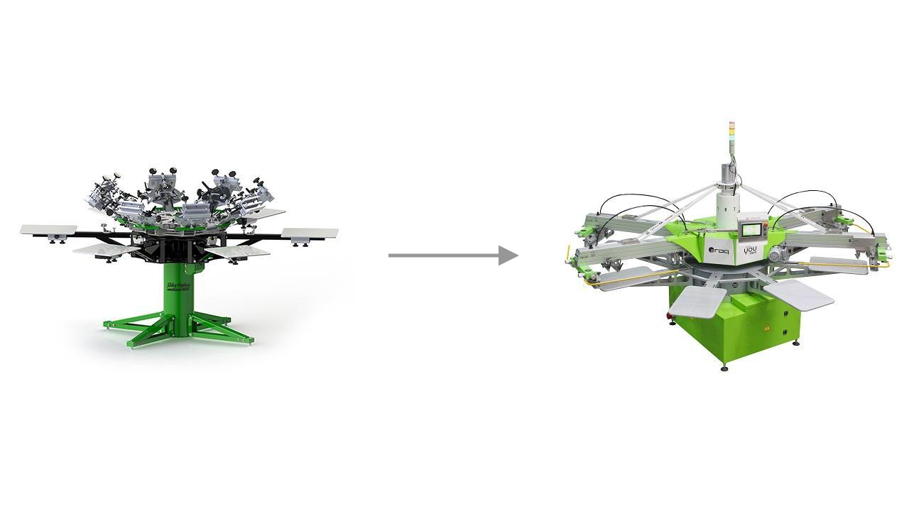A manual Riley Hopkins screen printing press next to an automatic ROQ screen printing press.