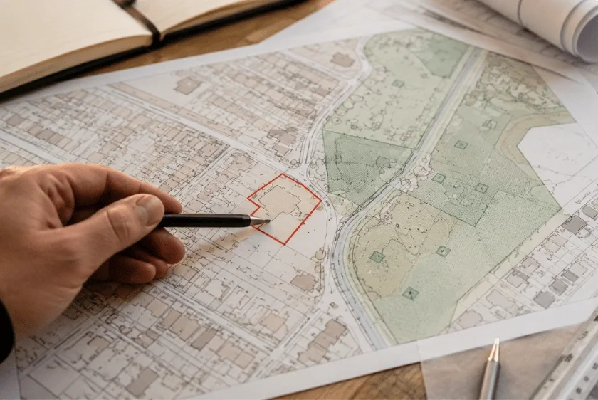 Printed OS MasterMap with a red planning site boundary and conservation area overlay on an architect&rsquo;s desk.