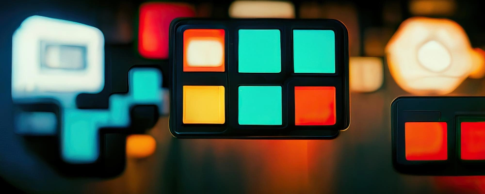 A stylized image featuring a panel with abstract, colorful square blocks illuminated in red and blue hues, giving off a modern, technological vibe, possibly related to gaming or digital interface.