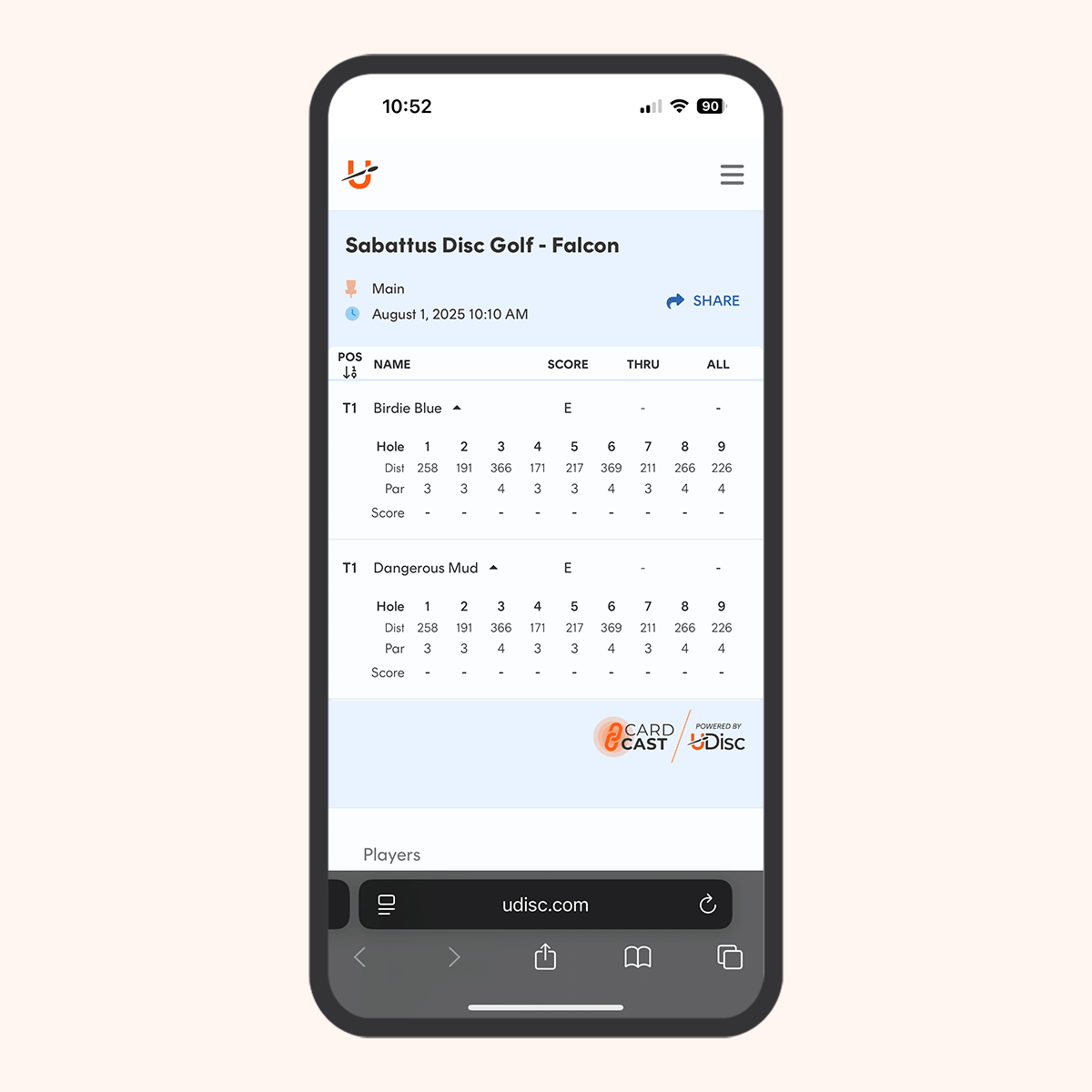 A cell phone showing scores from a round fill up on a screen on UDisc.com