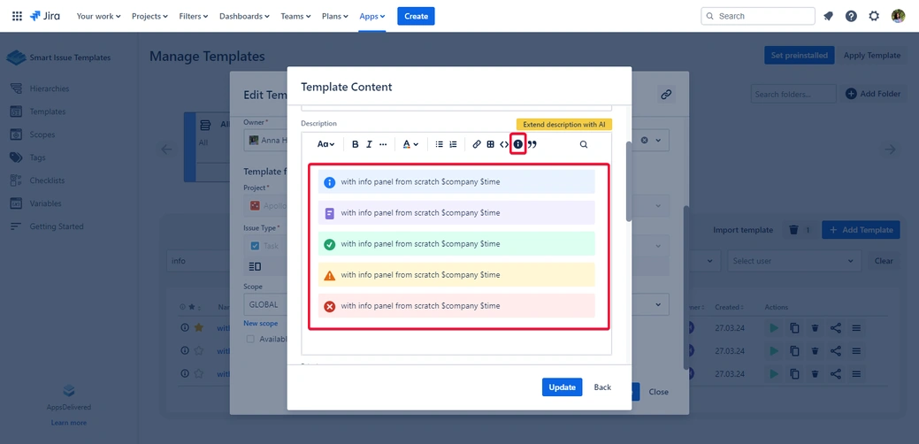  A screenshot of a Jira software interface with the 'Manage Templates' window open. It shows an 'Edit Template' section with repeated lines of text highlighted in red.