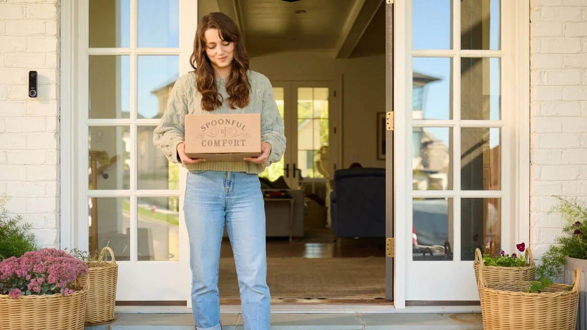 Person standing in a front doorway holding a closed Spoonful of Comfort gift box, with baskets of flowers on either side of the entrance.