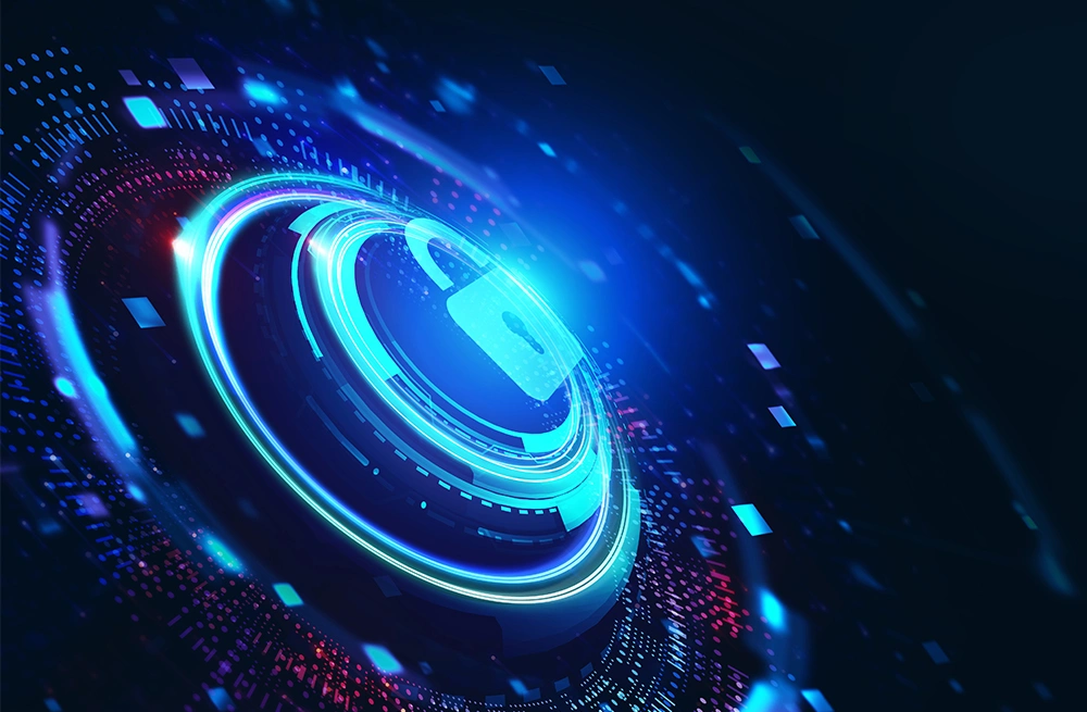 A 3d concept image of a digital lock surrounded by different types of concentric circles.