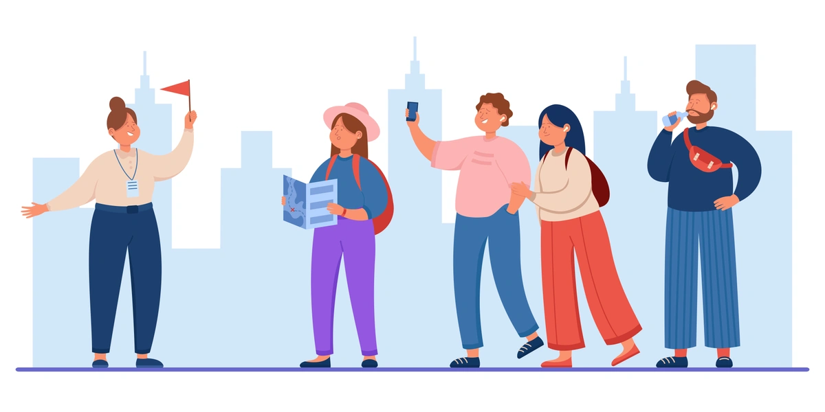 A group of cartoon tourists in casual wear with a guide waving a red flag, enjoying a city tour with skyscrapers in the background.