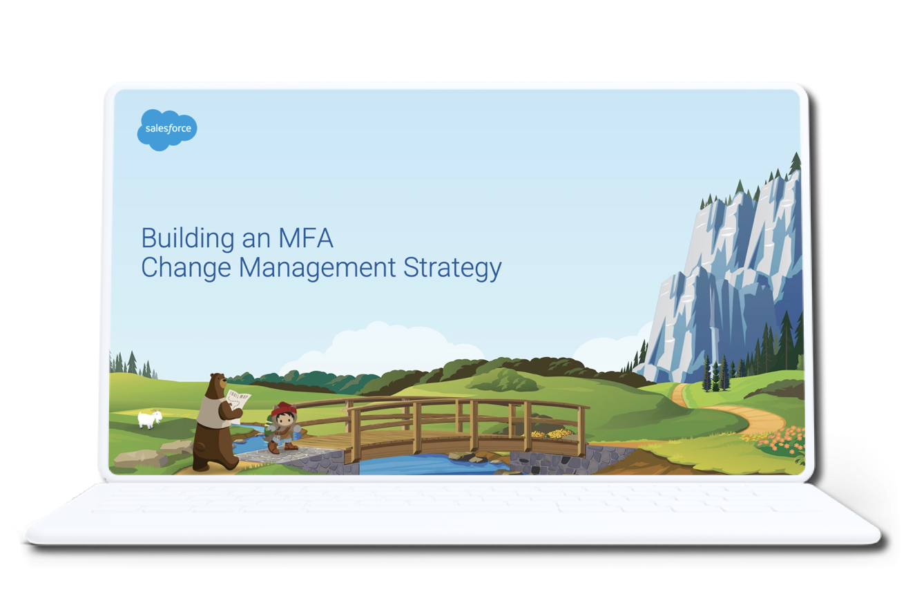 Laptopskärm som visar "Building MFA Change Management Strategy"