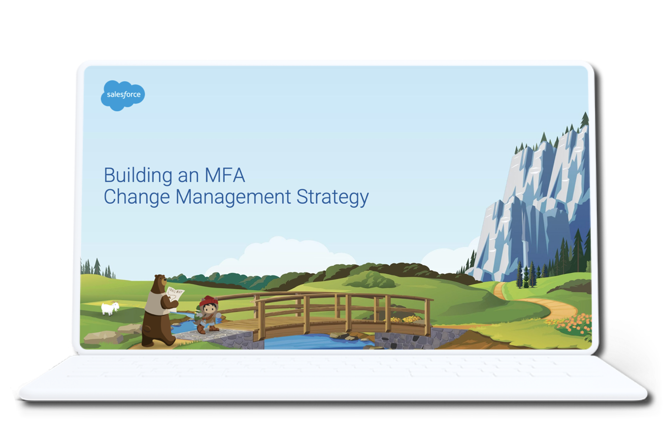 Laptop screen displaying "Building MFA Change Management Strategy"