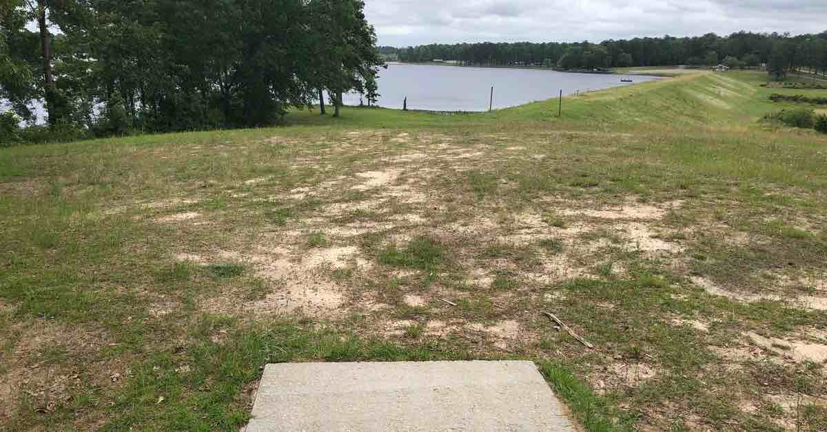 An open, grassy area in front of a body of water