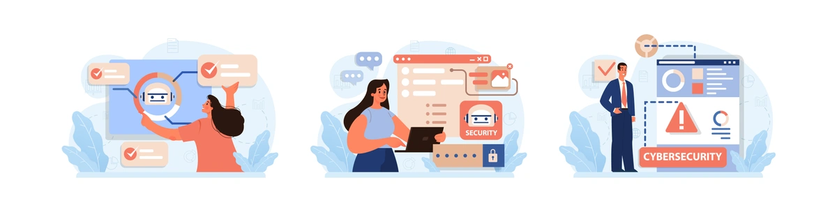 Vector illustration of individuals with security and search icons, suggesting themes of internet safety, data protection, and cybersecurity.