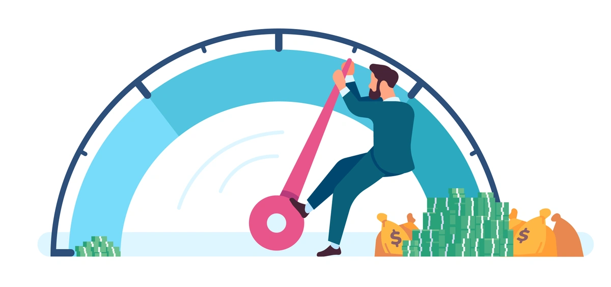 The first image illustrates a person using a large lever to move a speedometer needle towards a pile of money, representing financial growth or profit increase.