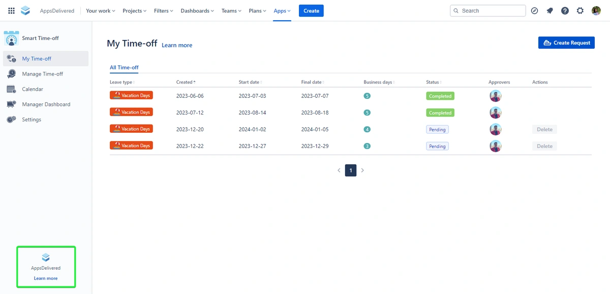 A screenshot of a user interface from a time-off management system, showing a list of leave requests along with details such as type, creation date, start and end dates, the number of business days taken, and approval status. Options to create a new request and perform actions on existing ones are visible.