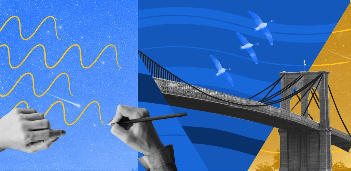 Abstract collage showing hands drawing waves beside a bridge with flying birds against a blue and gold background.
