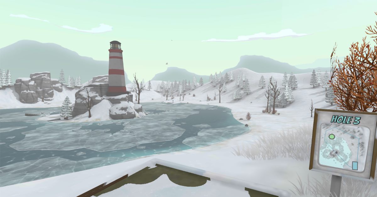 An animated landscape of a snowy, icy sea with a lighthouse on a small island