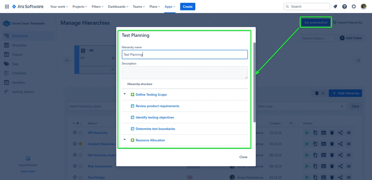 An interface window from a project management tool displaying a hierarchy structure for "Test Planning" with tasks such as Define Testing Scope and Resource Allocation.