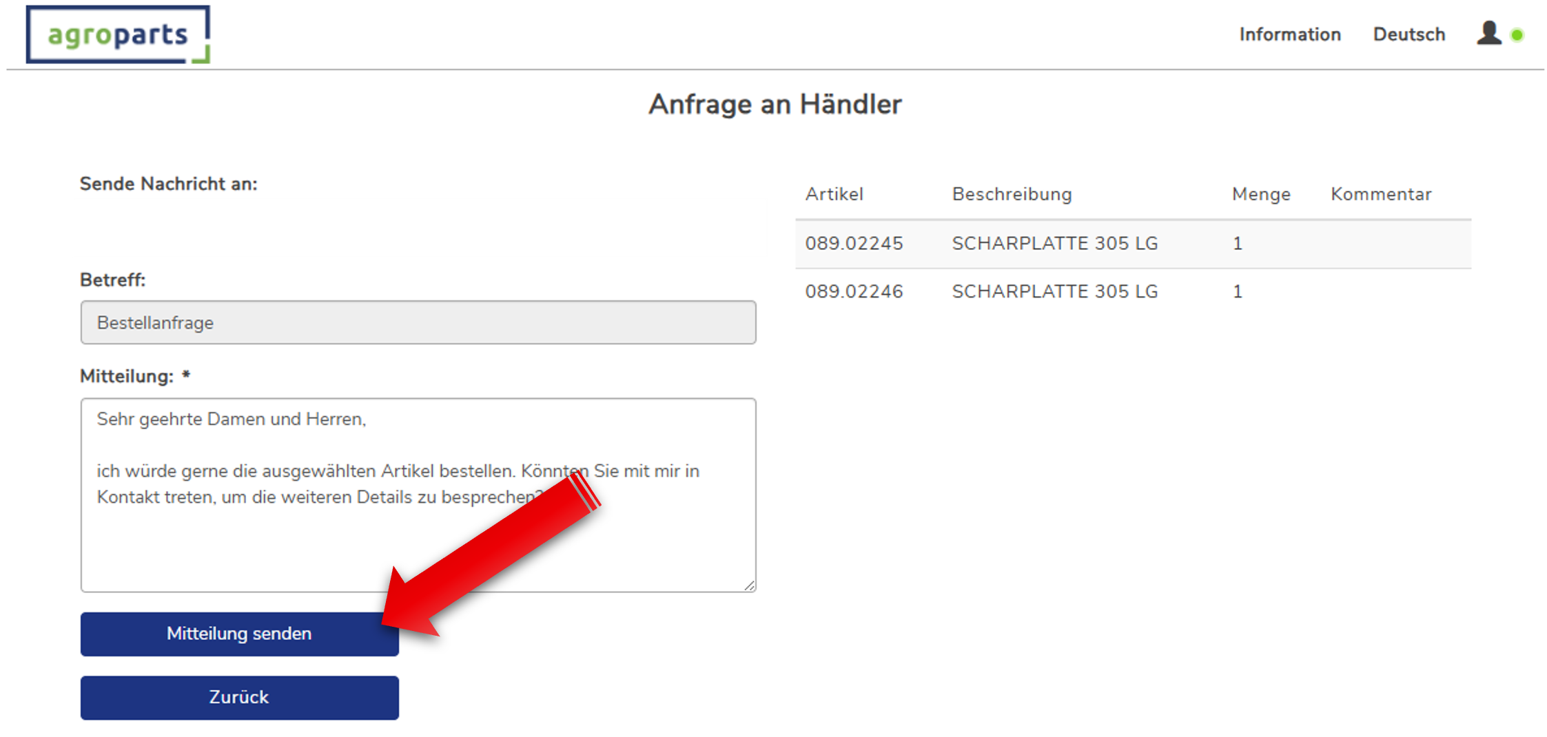 Agroparts - Anfrage an H&auml;ndler