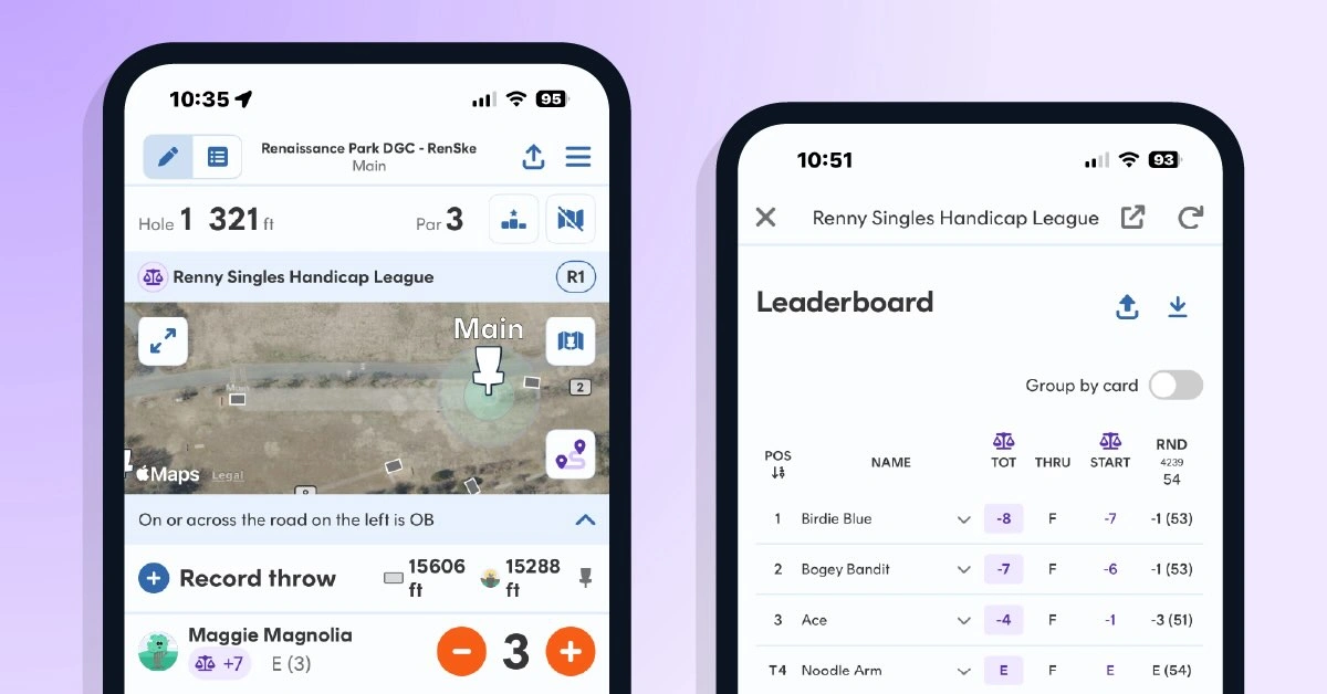 Smartphone screens showing handicap disc golf league results