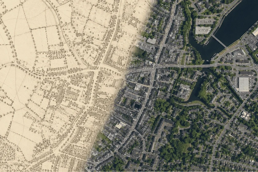 Old map vs aerial image of the same area