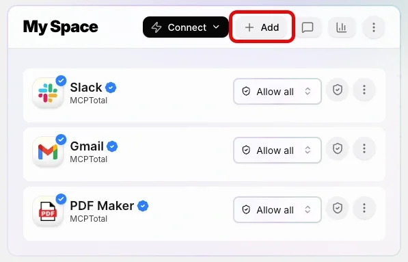 A space tile shows three apps with the add button in the header menu bar highlighted.