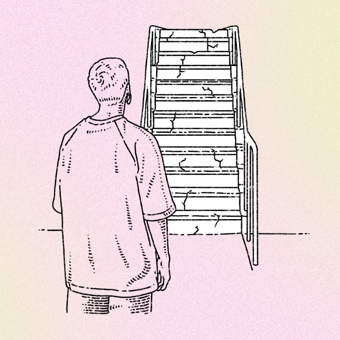A person looking at a flight of broken, unstable stairs.