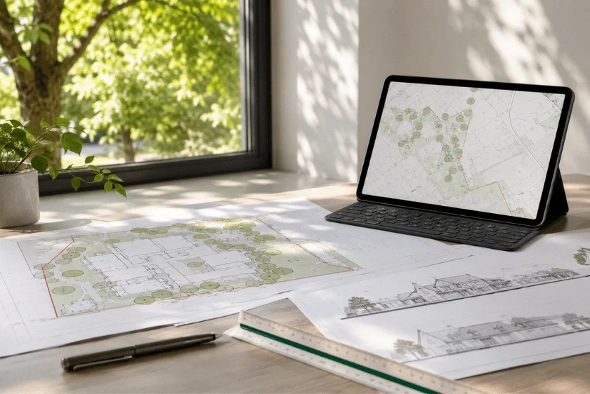 Site plans and GIS mapping used to assess tree preservation constraints before planning and design work.