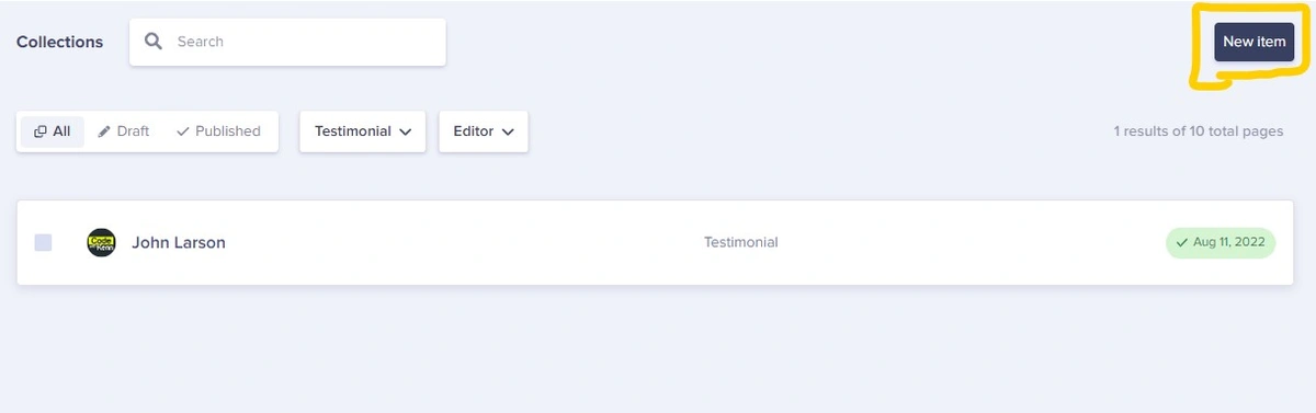 One completed testimonial collection item in buttercms
