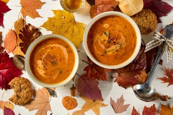 Two Bowls of tomato soup displayed on top of seasonal foliage placed beside a ladle with a gingham bow.