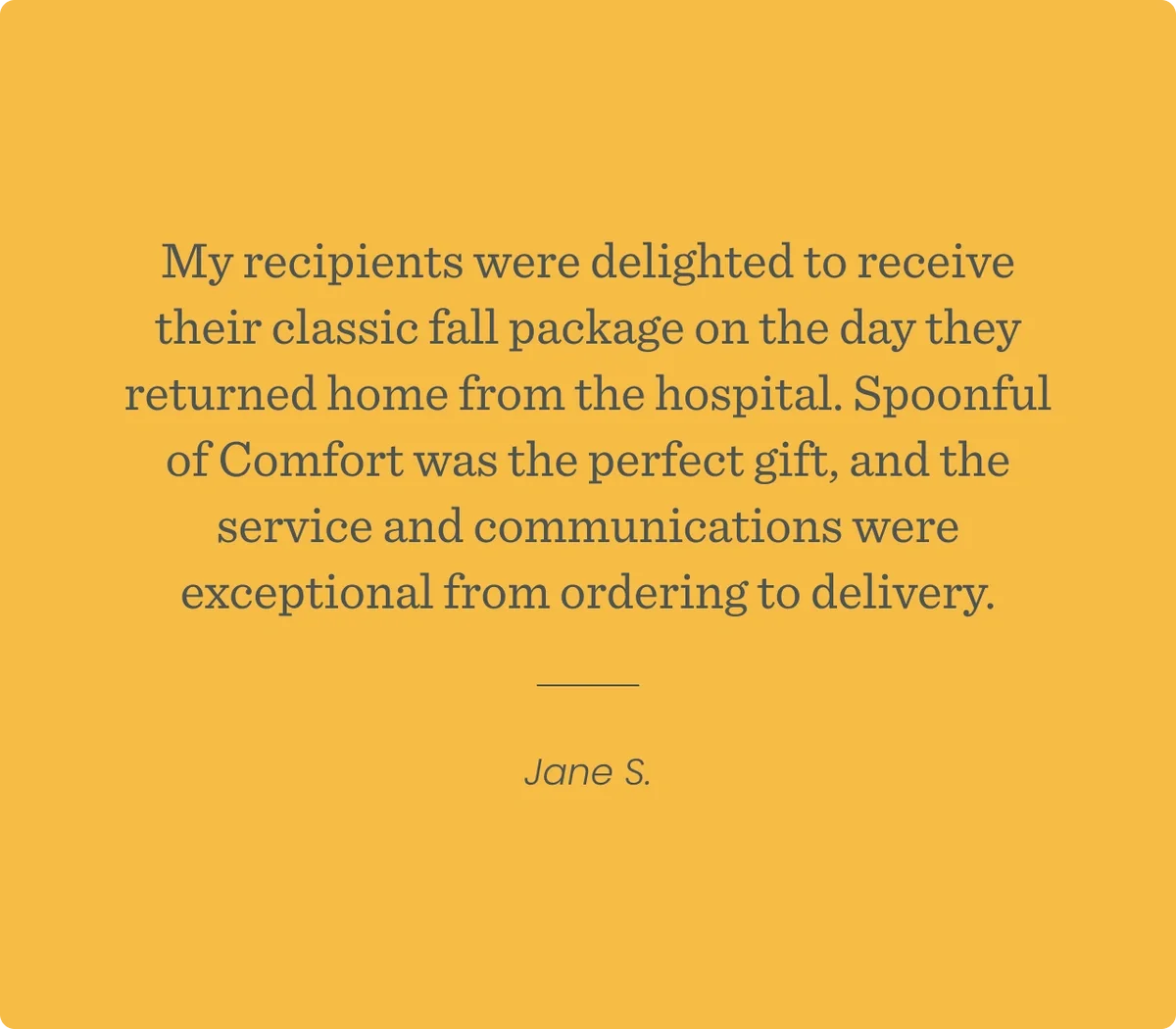 Customer testimonial quote from Jane praising Spoonful of Comfort, describing the soup as comforting, delivery as fast, packaging as cheerful, and saying they plan to send it again—possibly to themselves.