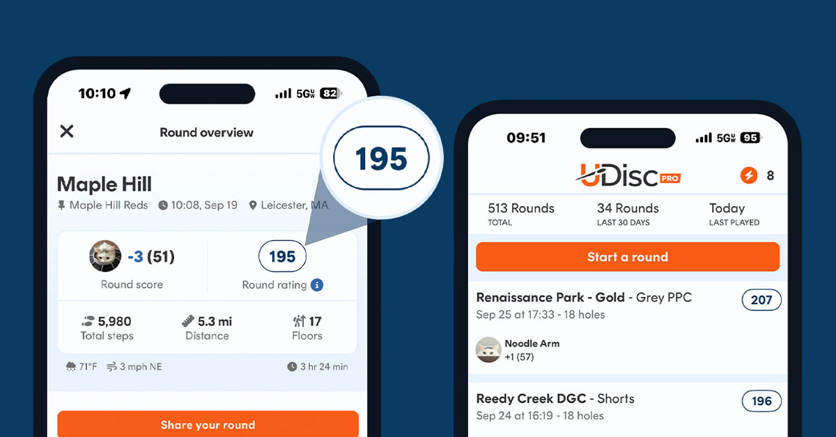 Photos of UDisc app in phone view with ratings highlighted