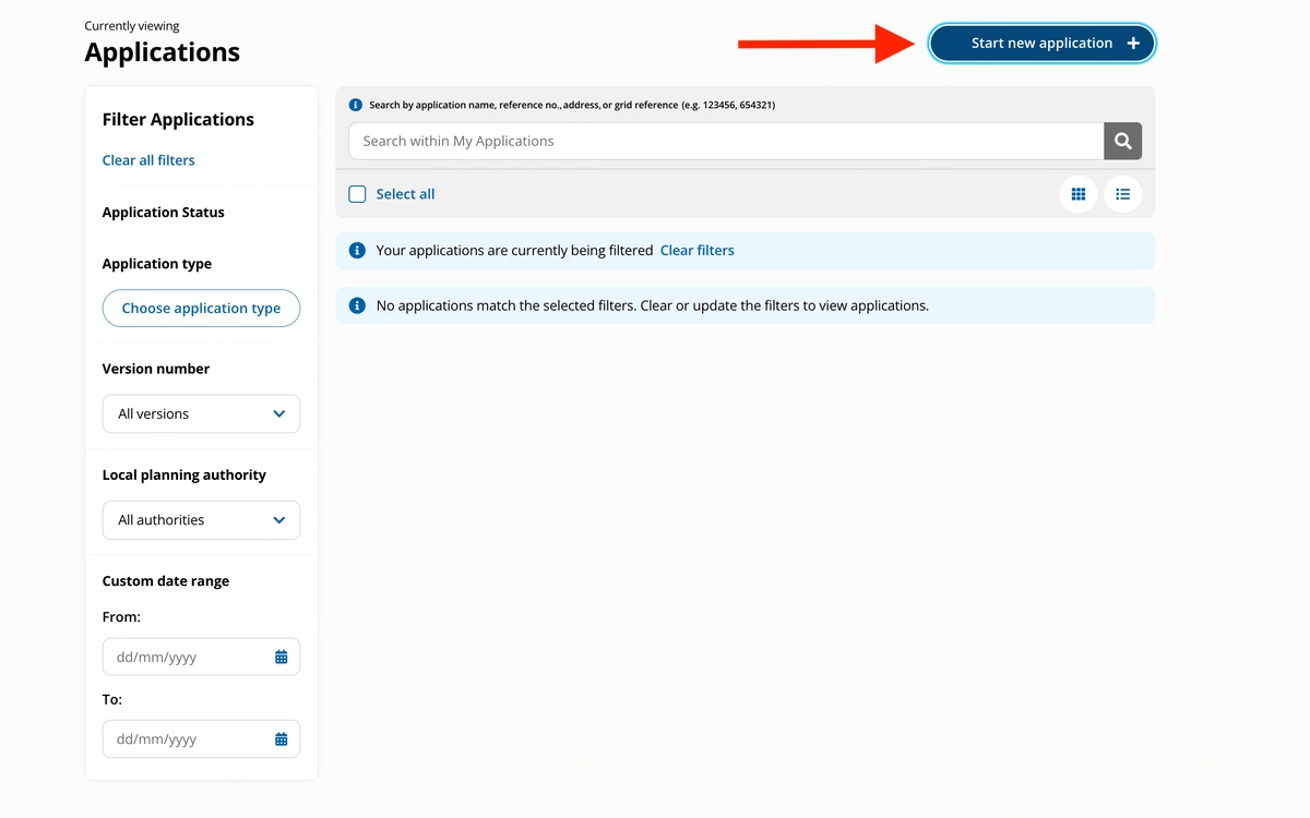 Click on start new application on the Planning portal