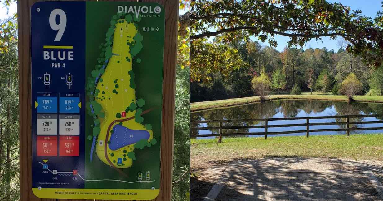 Left: A sign showing the map and different lengths of a disc golf hole. Right: View to a pond below from an elevated disc golf tee pad 
