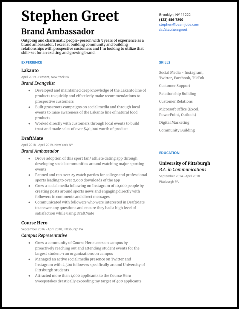 2020 Brand Ambassador Resume Samples Amp Guide