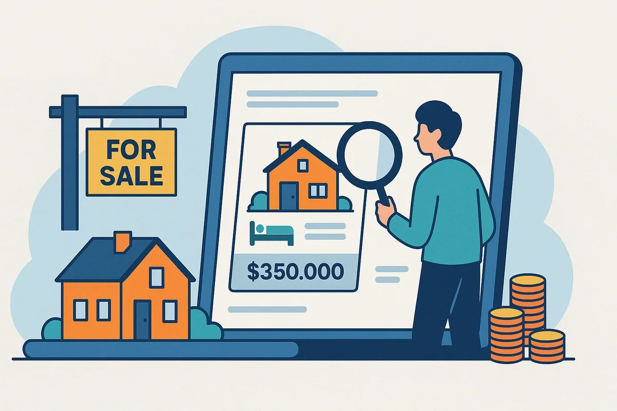 Illustration of a buyer searching for furnished short-term rental properties for sale, examining a listing with a magnifying glass next to a house and for-sale sign.