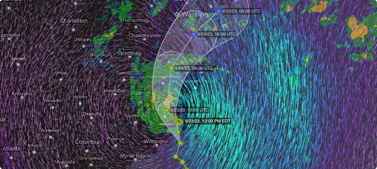 Weather patterns are displayed on a map of the eastern United States of America