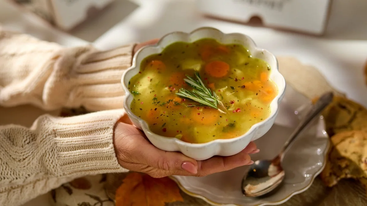 Close-up of hands holding a scalloped bowl of chicken soup with carrots, herbs, and a sprig of rosemary, surrounded by cozy neutral linens and serving dishes.