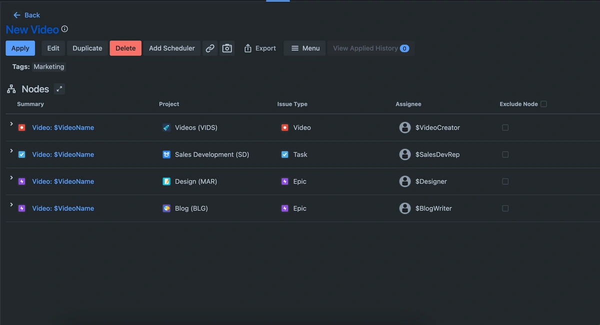 A user interface of a content management system with options for new video creation, editing, and tagging, displaying a list of tasks and assignees in a project workflow context.