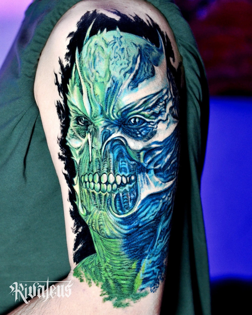 lizard man horror portrait tattoo by tugce soylu