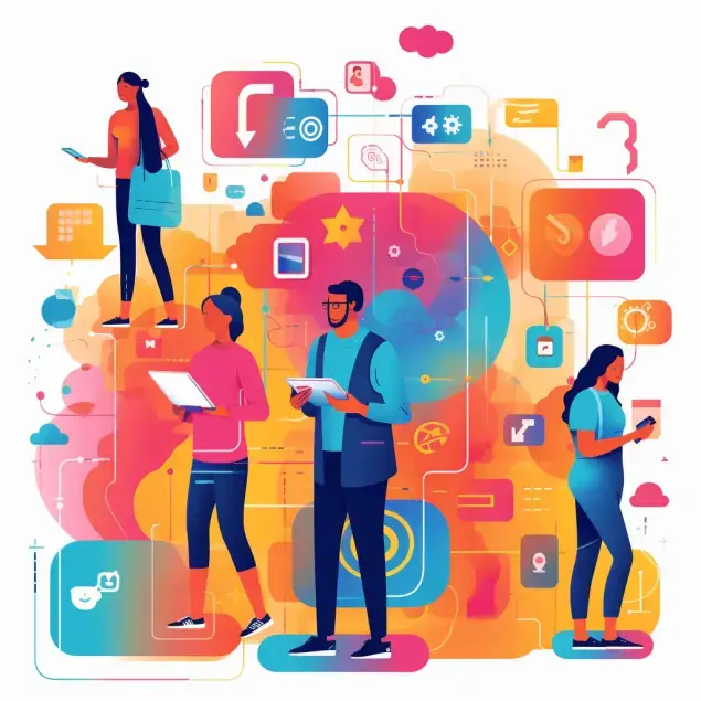 Dynamic, colorful illustration of diverse individuals interacting with various digital platforms, symbolizing multi-channel customer engagement.