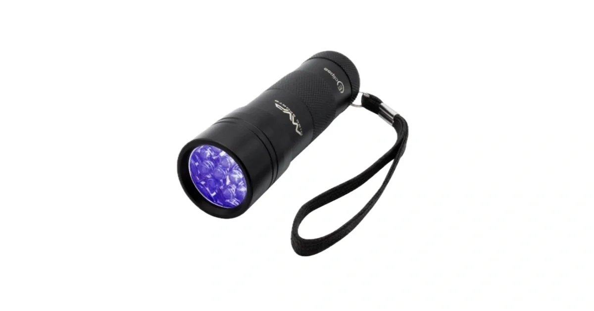 A small UV flashlight with branding from disc golf equipment company MVP