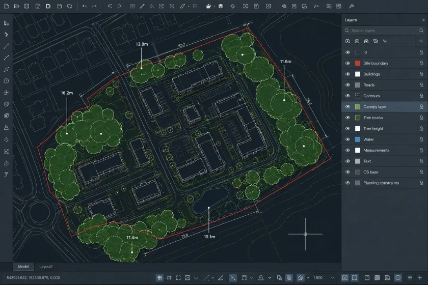 CAD site plan showing buildings, roads, boundaries and tree canopy layers with technical annotations.