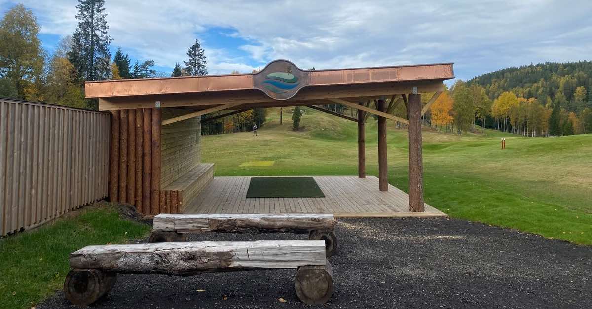 A metal roof over a wooden structure with a turf tee pad