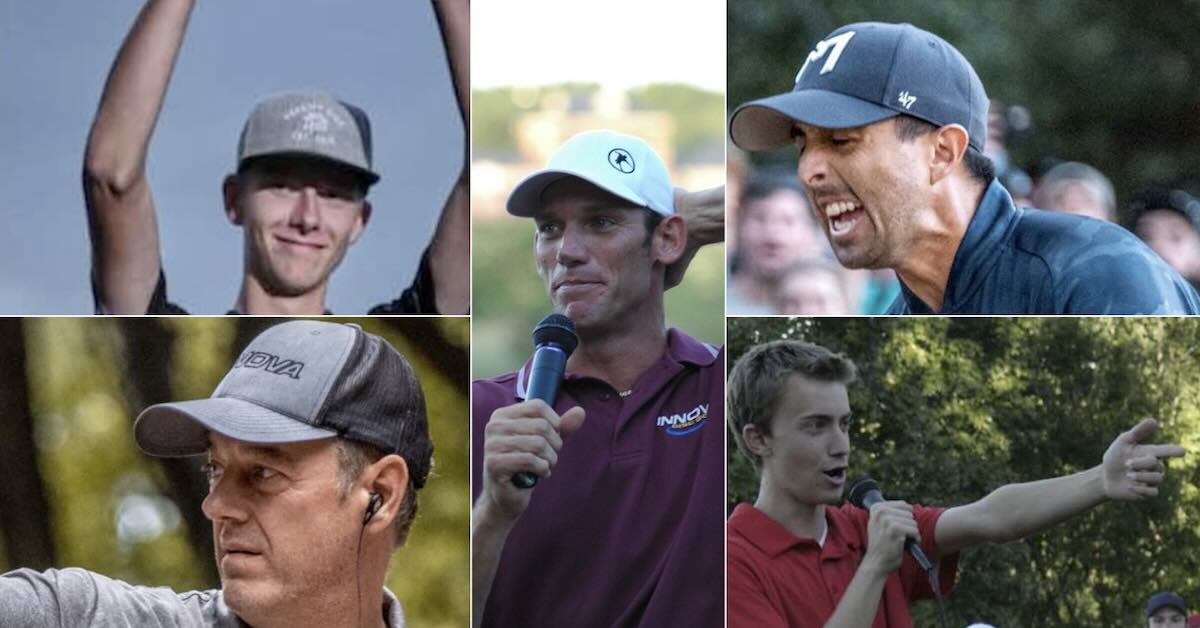 Close-ups of five professional disc golfers' faces