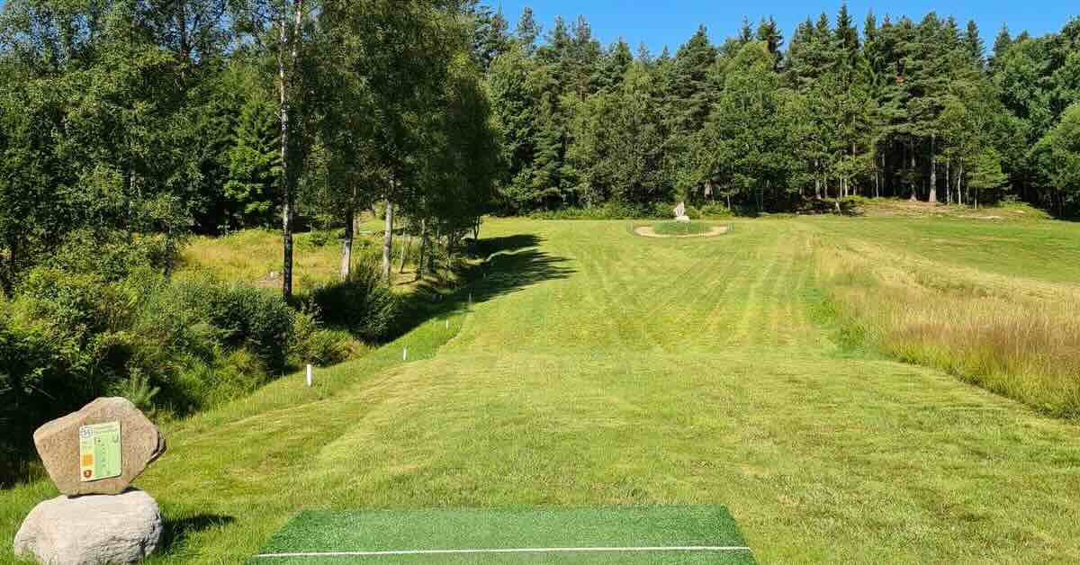 A turf disc golf tee pad in an open area on a sunny day in front of a well-mown fairwa with trees to the left and in the distance