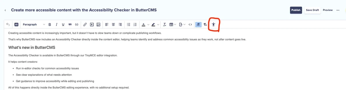 Accessibility Checker feature highlighted in red in ButterCMS' Blog Engine