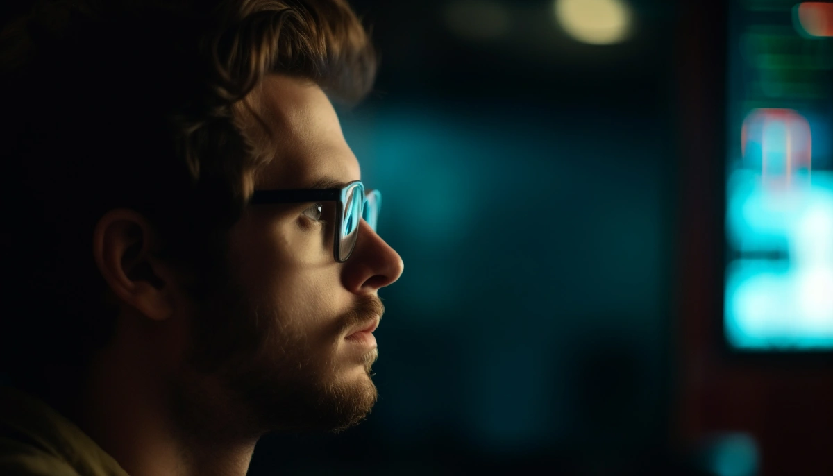 Serious young businessman wearing eyeglasses, working indoors with a computer screen in the background.