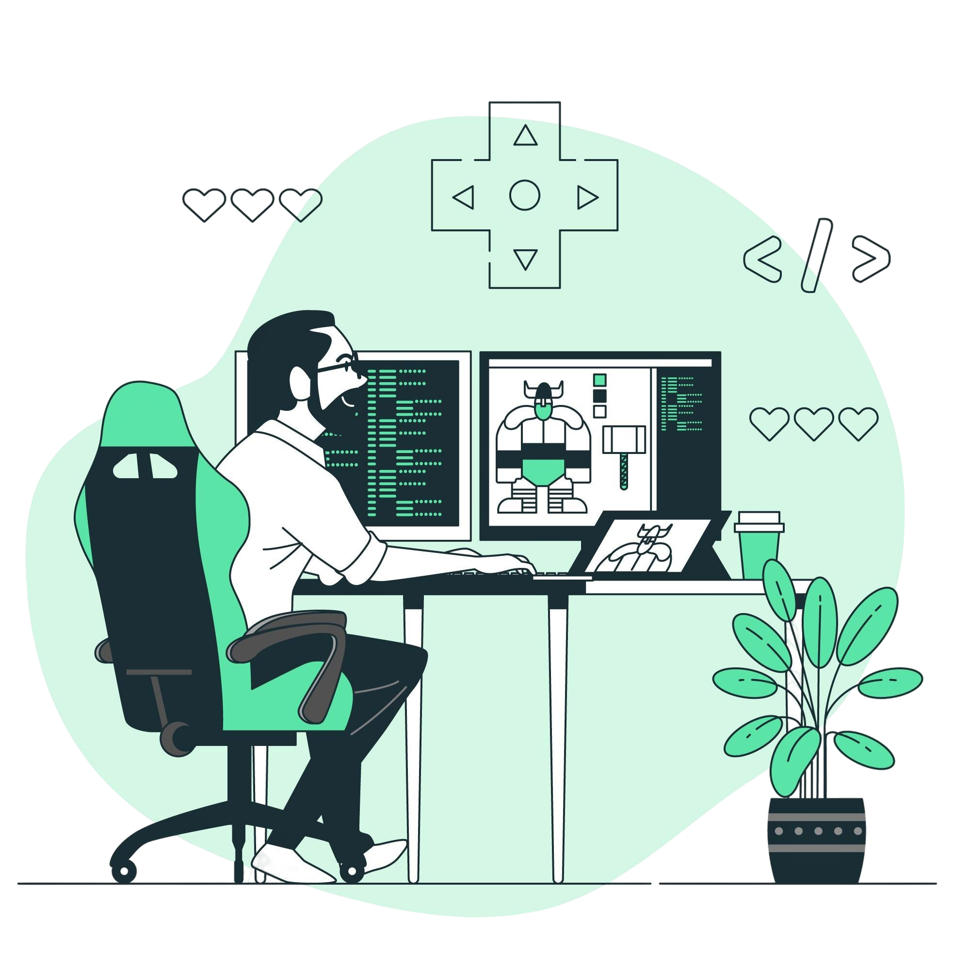 Illustration of a developer working at a dual-monitor setup with code and a game character on screen.