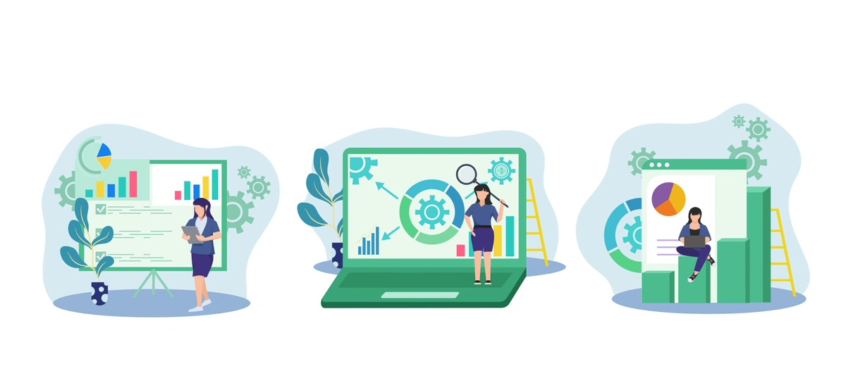 A three-part illustration showing individuals interacting with different data presentations and analytics tools.